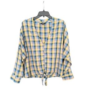 Express Yellow Blue Plaid Tie Front Shirt